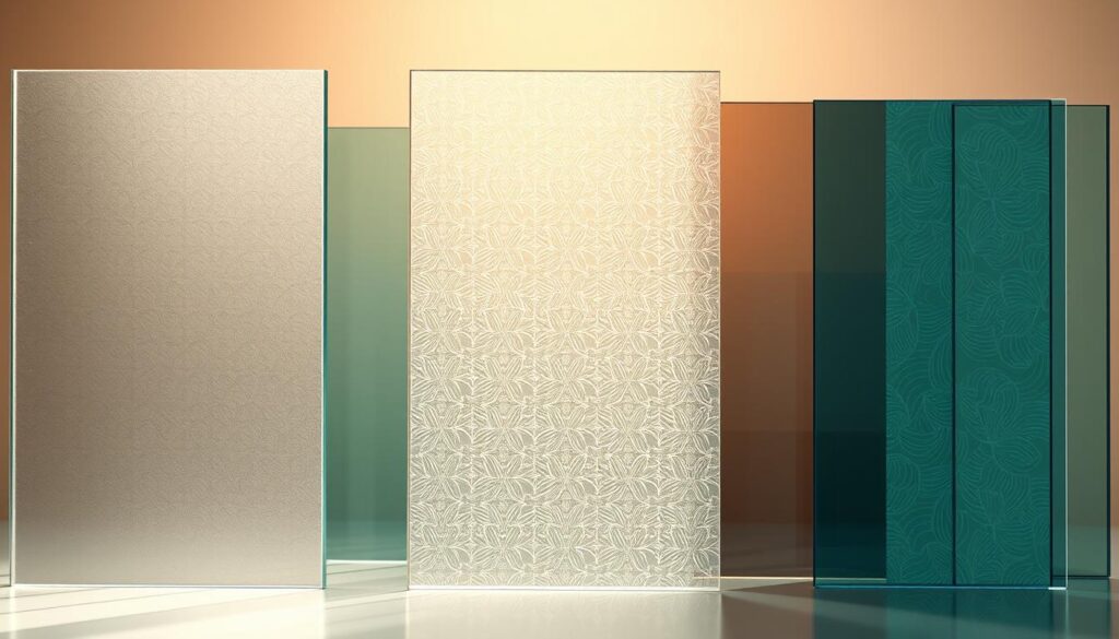 A well-lit, high-resolution studio shot showcasing a variety of glass types and designs. In the foreground, a clear tempered glass (ESG) panel with a smooth, polished surface reflects the light. To its side, a frosted, satin-finished glass panel adds a subtle, soft-focus effect. In the middle ground, a laminated safety glass (VSG) sheet displays intricate laser-etched patterns, creating a mesmerizing visual texture. The background features a range of glass shades, from tinted to fully transparent, arranged in a cohesive, visually appealing composition. Warm, natural lighting illuminates the scene, highlighting the unique properties and characteristics of each glass type.