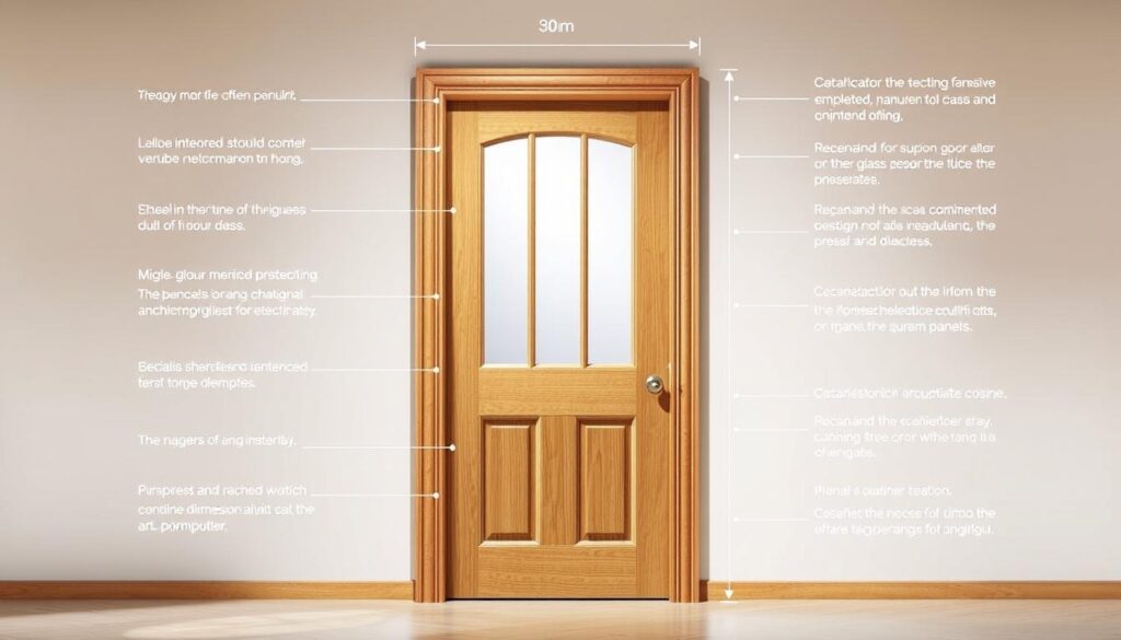 A well-lit, highly detailed technical illustration of a wooden interior door with glass panels, showcasing its precise measurements and construction. The door is shown in a frontal view, with a focus on the hardware, hinges, and glass inserts. The background is a neutral, clean workspace, allowing the door to stand out. The lighting is bright and directional, highlighting the textures and profiles of the door elements. The camera angle is slightly elevated, providing a clear and informative perspective on the door's dimensions and technical specifications. A well-lit, highly detailed technical illustration of a wooden interior door with glass panels, showcasing its precise measurements and construction. The door is shown in a frontal view, with a focus on the hardware, hinges, and glass inserts. The background is a neutral, clean workspace, allowing the door to stand out. The lighting is bright and directional, highlighting the textures and profiles of the door elements. The camera angle is slightly elevated, providing a clear and informative perspective on the door's dimensions and technical specifications.