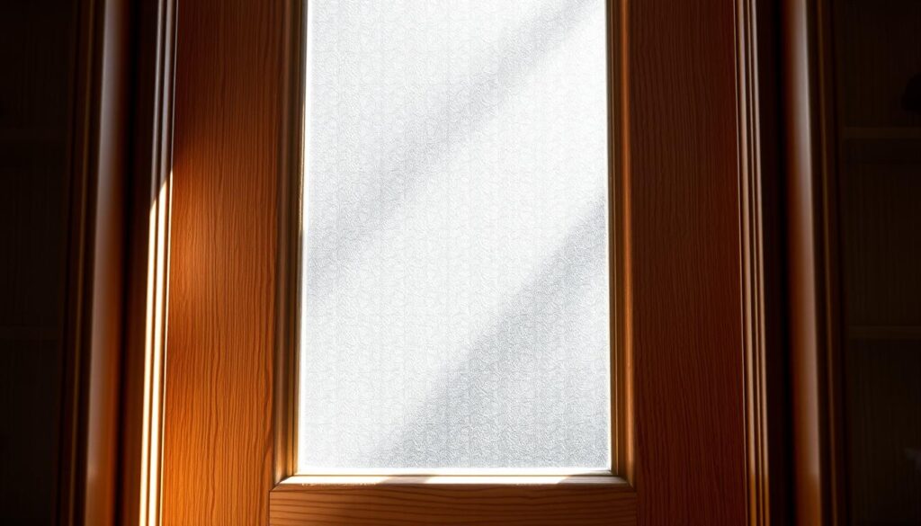 A well-lit interior doorway, showcasing a glass insert that illuminates the space. The glass panel is framed by warm, natural wood, creating a harmonious contrast. Soft, diffused lighting filters through the transparent surface, casting a gentle glow and highlighting the wood's rich grain. The composition emphasizes the interplay of light, design, and functionality, capturing the essence of a high-quality glass solution for a wooden door. The perspective offers a captivating, inviting view, inviting the viewer to step through and explore the space beyond.