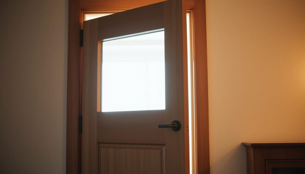 A well-lit interior shot of a modern, minimalist wooden door with a rectangular glass panel, gently lit from within. The door is partially open, revealing a glimpse into a bright, airy room beyond. The lighting creates a warm, inviting atmosphere, with soft shadows and highlights accentuating the door's clean lines and natural wood grain. The camera angle is slightly low, highlighting the door's elegant proportions and creating a sense of depth and perspective. The background is blurred, keeping the focus on the door's design and craftsmanship.