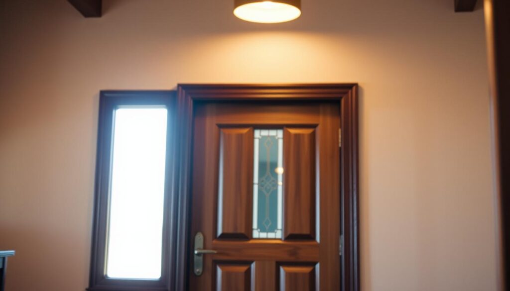 A well-lit interior with a focal point on a wooden door with a glass inset. The door is showcased in a warm, inviting environment, highlighting its craftsmanship and the quality of the materials. The lighting is soft and diffused, creating a cozy atmosphere. The camera is positioned slightly elevated, providing a perspective that emphasizes the door's elegant design and the attention to detail in its construction. The background is blurred, drawing the viewer's attention to the door and creating a sense of depth. The overall impression is one of expertise, attention to detail, and a commitment to providing high-quality solutions for the customer.