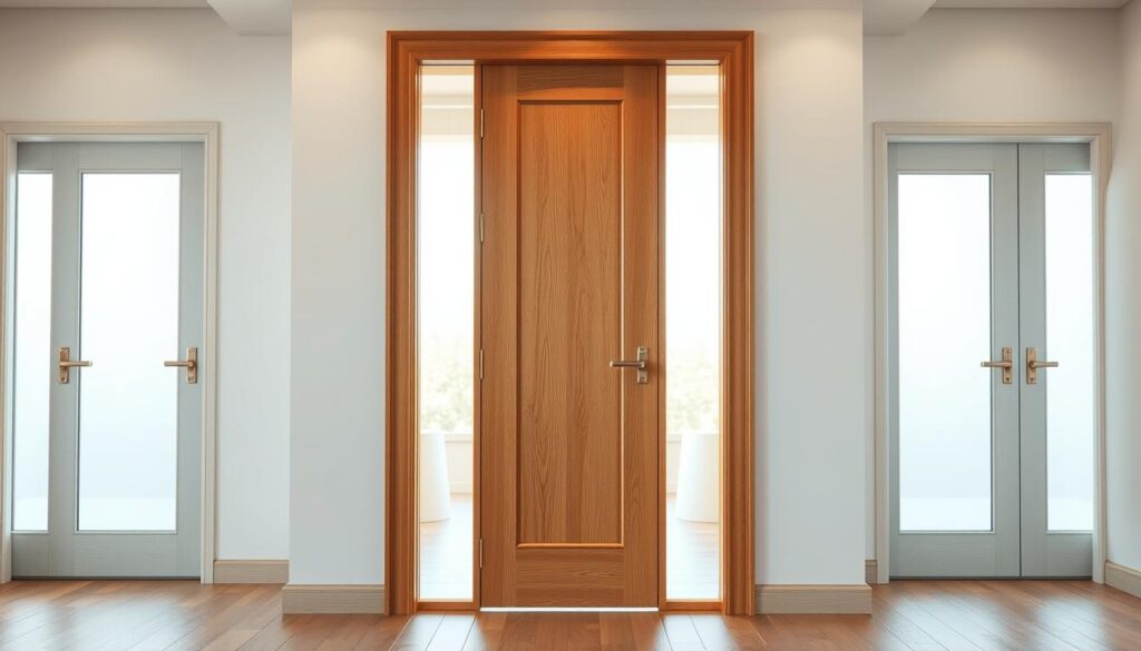A well-lit interior with a glass-paneled wooden door in the foreground, showcasing various design variants. The door is centered, with a warm, natural wood grain and sleek, minimalist hardware. The background features a bright, airy space with soft neutral tones, highlighting the door's elegant presence. Subtle lighting accentuates the glass panels, creating a luminous and inviting atmosphere. The overall composition emphasizes the versatility and sophistication of the door designs, perfect for enhancing the ambiance of any modern living space.