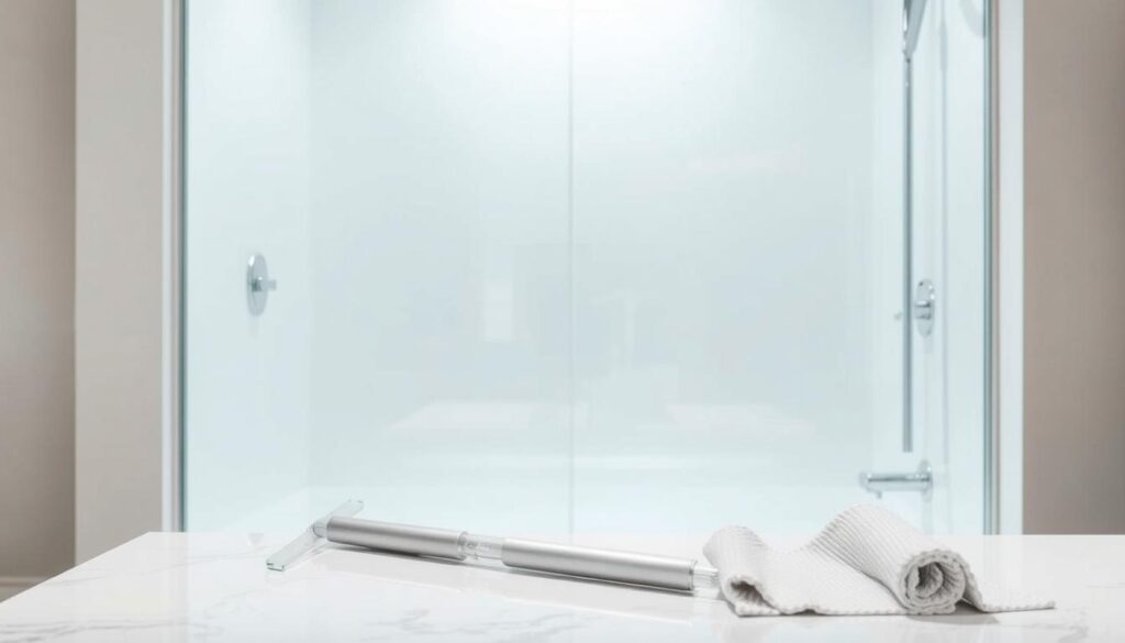 A well-lit, modern bathroom interior with a frameless glass shower enclosure. The shower walls have a sleek, minimalist design with a smooth, glossy surface that reflects the light beautifully. The glass is pristine, with a subtle nano-coating that repels water and soap scum, making it easy to maintain a sparkling clean appearance. In the foreground, a glass squeegee and a microfiber cloth lay neatly on the vanity, hinting at the effortless cleaning and maintenance of this shower. The overall scene conveys a sense of hygiene, simplicity, and sophistication.