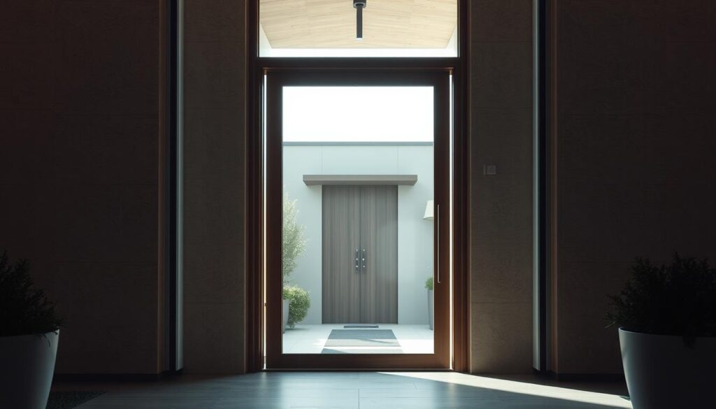 A well-lit, modern glass entrance to a residential building, showcasing a high-quality glass door insert. The glass panel is positioned at the center, framed by a sleek, minimalist wooden or metal frame, allowing ample natural light to filter through. The door is set against a neutral-toned, textured wall, creating a harmonious, contemporary aesthetic. The lighting is soft and diffused, highlighting the clarity and elegance of the glass. The scene conveys a sense of quality, attention to detail, and a focus on the craftsmanship of the glass insert solution. The overall composition emphasizes the importance of the glass door as a key design element in the entryway.