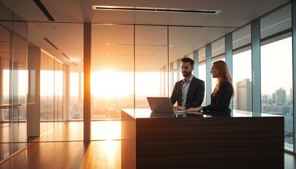 A well-lit, modern office interior with a glass-enclosed consultation area in the foreground. The consultation desk is made of sleek, dark wood, with a minimalist design. Behind the desk, a floor-to-ceiling glass wall offers a panoramic view of the cityscape outside, bathed in warm, natural light. The consultant, dressed in a professional yet approachable manner, is engaged in a discussion with a client, their expressions conveying a sense of collaboration and understanding. The overall atmosphere is one of sophistication, efficiency, and personalized attention, reflecting the high-quality service and guidance offered by the company. A well-lit, modern office interior with a glass-enclosed consultation area in the foreground. The consultation desk is made of sleek, dark wood, with a minimalist design. Behind the desk, a floor-to-ceiling glass wall offers a panoramic view of the cityscape outside, bathed in warm, natural light. The consultant, dressed in a professional yet approachable manner, is engaged in a discussion with a client, their expressions conveying a sense of collaboration and understanding. The overall atmosphere is one of sophistication, efficiency, and personalized attention, reflecting the high-quality service and guidance offered by the company.