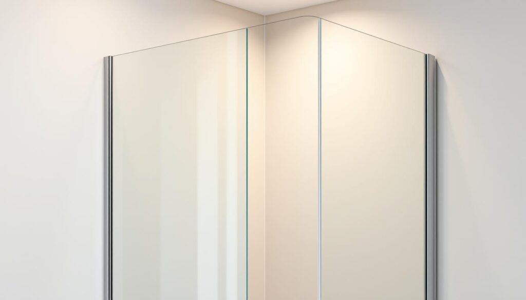A well-lit, modern shower enclosure with sleek glass panels, creating a sense of spaciousness and minimalist elegance. The seitenwand, or side wall, is seamlessly integrated, featuring a subtle frosted or clear glass finish that allows natural light to flow through. The overall design exudes a contemporary, high-quality aesthetic, perfectly suited for a 80x80 cm shower space. Soft, even lighting from above casts a warm, inviting glow, highlighting the clean lines and premium materials. The scene conveys a spa-like atmosphere, where form and function harmoniously coexist.