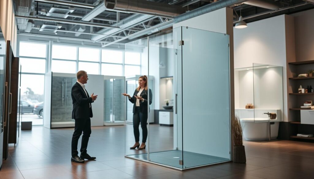A well-lit, modern showroom interior with a spacious, inviting layout. In the foreground, a sleek, frameless glass shower enclosure stands prominently, its clean lines and elegant design catching the eye. The middle ground features a customer service representative gesturing towards the shower, engaged in a consultation with a prospective client. The background subtly showcases additional shower displays and shelving, creating a harmonious, high-end atmosphere. Soft, directional lighting illuminates the scene, emphasizing the quality and craftsmanship of the products. The overall mood is one of professionalism, expertise, and exceptional customer service.