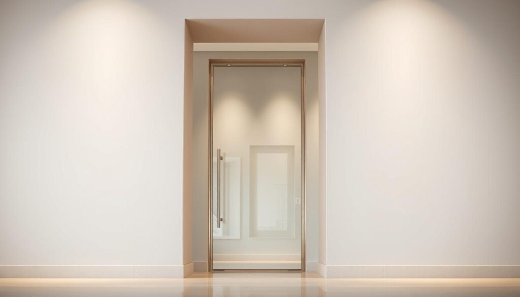 A well-lit, precisely framed architectural detail showcasing a glass doorway, the centerpiece of a modern interior. The foreground features the clean lines and smooth surfaces of the glass panel, its transparency highlighting the interplay of light and shadow within. The middle ground captures the recessed frame, accentuating the sleek, minimalist design. In the background, a subtly illuminated wall with a neutral, soothing palette provides a serene backdrop, allowing the focal point to take center stage. The overall composition conveys a sense of elegance, sophistication, and an appreciation for high-quality craftsmanship. A well-lit, precisely framed architectural detail showcasing a glass doorway, the centerpiece of a modern interior. The foreground features the clean lines and smooth surfaces of the glass panel, its transparency highlighting the interplay of light and shadow within. The middle ground captures the recessed frame, accentuating the sleek, minimalist design. In the background, a subtly illuminated wall with a neutral, soothing palette provides a serene backdrop, allowing the focal point to take center stage. The overall composition conveys a sense of elegance, sophistication, and an appreciation for high-quality craftsmanship.