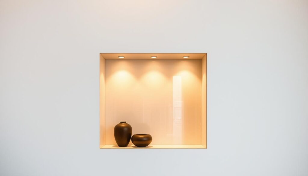 A well-lit recessed niche in a modern, minimalist wall, accentuated by subtle ambient lighting. The niche is made of sleek, frameless glass panels, allowing the contents to be gently illuminated from within. The lighting is warm and inviting, creating a cozy, gallery-like atmosphere. The niche is strategically positioned to draw the eye, without being overpowering. The lighting fixtures are discreetly integrated, casting a soft, diffused glow that highlights the depth and dimension of the recessed space. The overall scene conveys a sense of refined elegance and understated sophistication.