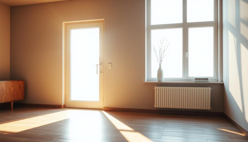 A well-lit room with a modern glass-paneled door, casting a warm, soft glow and inviting natural light to filter through. The door's minimalist frame and clean lines exude a sense of elegant simplicity, complementing the room's refined aesthetic. The glass panes, strategically positioned, create a visually captivating play of light and shadow, adding depth and visual interest to the space. The overall atmosphere is one of tranquility and refined sophistication, perfectly capturing the essence of "Eleganz und Licht für Ihre Räume".