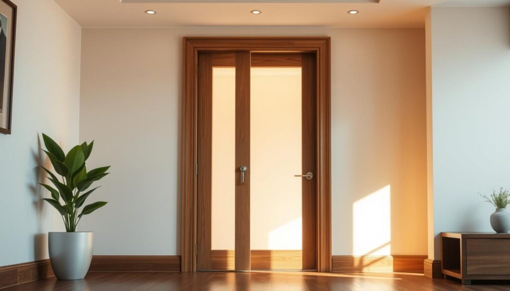 A well-lit room with a wooden door featuring a glass panel insert. The door is positioned in the middle ground, with a warm, inviting atmosphere created by the soft, natural lighting filtering through the glass. The frame of the door is made of a rich, dark wood, complementing the lighter tones of the walls and flooring. The glass panel is clean and clear, allowing a glimpse into the adjacent space. The composition is balanced, with the door taking center stage, while the surrounding environment provides a sense of depth and context. The overall scene conveys a sense of modern, refined elegance suitable for a high-quality residential space.