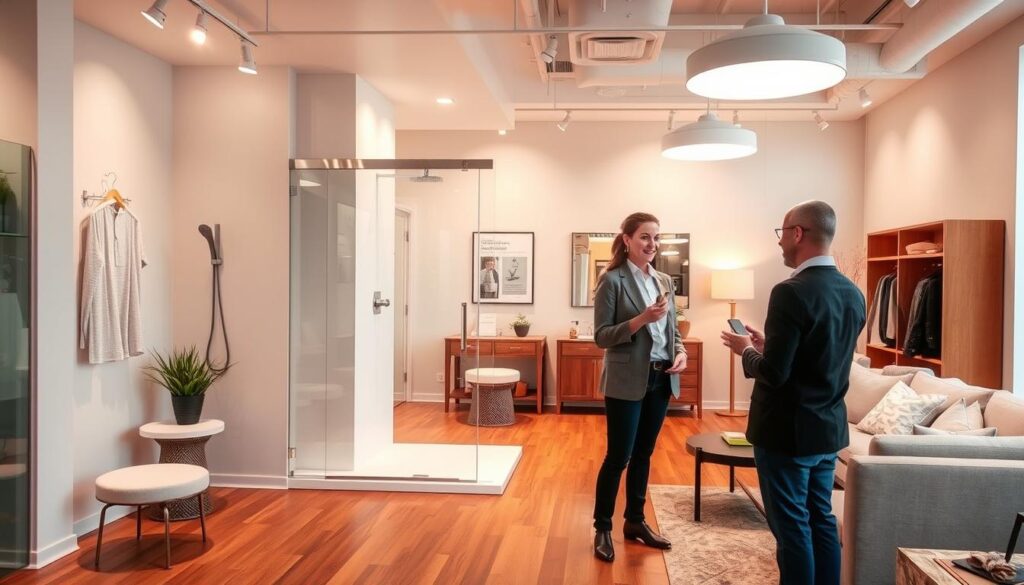 A well-lit showroom interior, with a central display showcasing a modern, frameless glass shower enclosure. The enclosure features sleek, sliding doors that glide effortlessly on minimalist tracks. Warm hardwood floors, neutral tones, and contemporary furnishings create a serene, inviting atmosphere. In the foreground, a sales consultant engages with a customer, discussing the customization options and technical specifications of the shower system. Soft, diffused lighting from overhead fixtures casts a gentle glow, highlighting the transparency and seamless integration of the shower enclosure into the overall room design. The overall scene conveys a sense of personalized service and expert guidance in curating the perfect shower solution for the customer's unique needs and space.