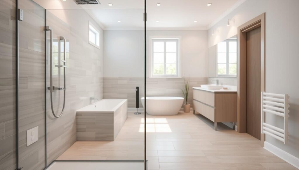 A well-lit, spacious bathroom interior with a focus on the shower enclosure. In the foreground, a glass shower panel with clean, minimalist lines and a sleek, frameless design, allowing for an unobstructed view of the bathtub and tile work. In the middle ground, a tiled floor and walls, creating a harmonious, cohesive aesthetic. In the background, a vanity with a modern, integrated sink and storage, as well as a large mirror that enhances the sense of depth and space. The overall mood is one of serenity, cleanliness, and practicality, reflecting the everyday functionality of the bathroom. Soft, diffused lighting from overhead fixtures and natural light from windows create a warm, inviting atmosphere.