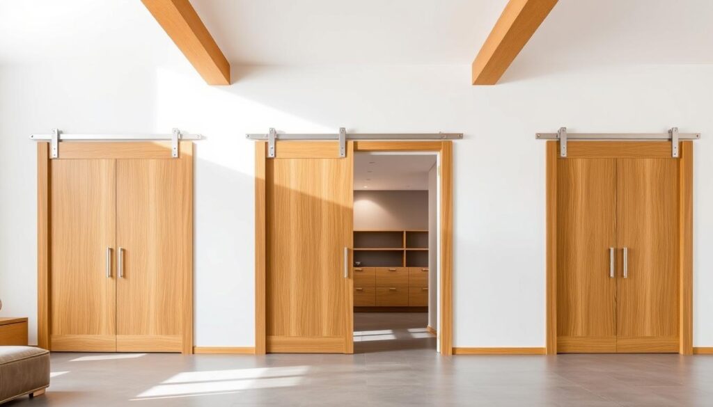 A well-lit, spacious room showcasing a seamless integration of a custom-built wooden sliding door system. The door frames are crafted from warm, natural-grained timber, subtly complementing the neutral-toned walls and minimalist decor. The door panels glide effortlessly along sleek metal tracks, their smooth motion accentuated by strategic lighting that casts soft shadows. The overall scene exudes a sense of functionality, elegance, and attention to detail, perfectly capturing the versatility and craftsmanship of "Schiebetüren Holz" solutions from Glastuerhop24.