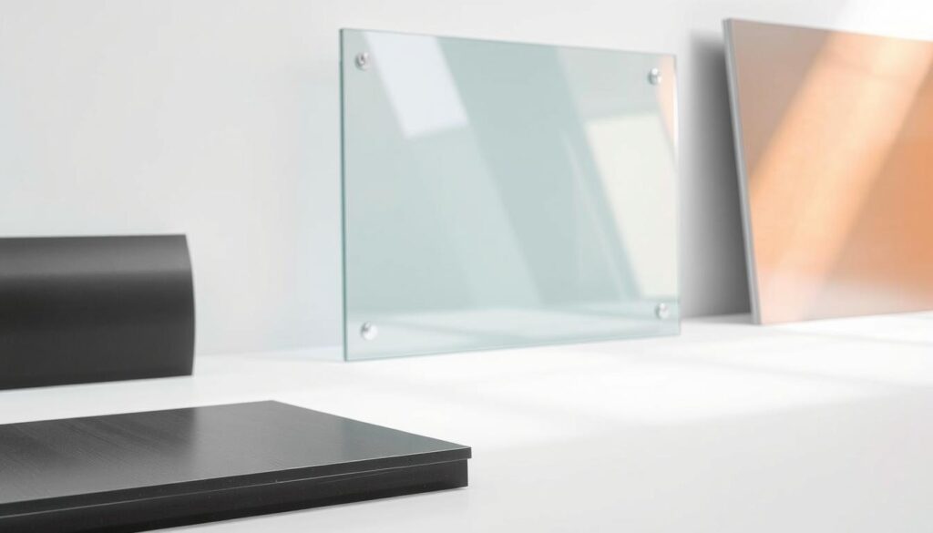 A well-lit studio setting showcasing a variety of modern kitchen backsplash materials. In the foreground, a sleek, matte black plastic panel with a subtle textured surface. In the middle ground, a tempered glass panel with a seamless, frameless design, reflecting the studio lighting. In the background, an aluminum composite panel with a brushed metallic finish, casting a warm glow. The materials are displayed at an angle, allowing the viewer to appreciate their unique visual and tactile properties. The overall scene conveys a sense of sophistication and high-end kitchen design.