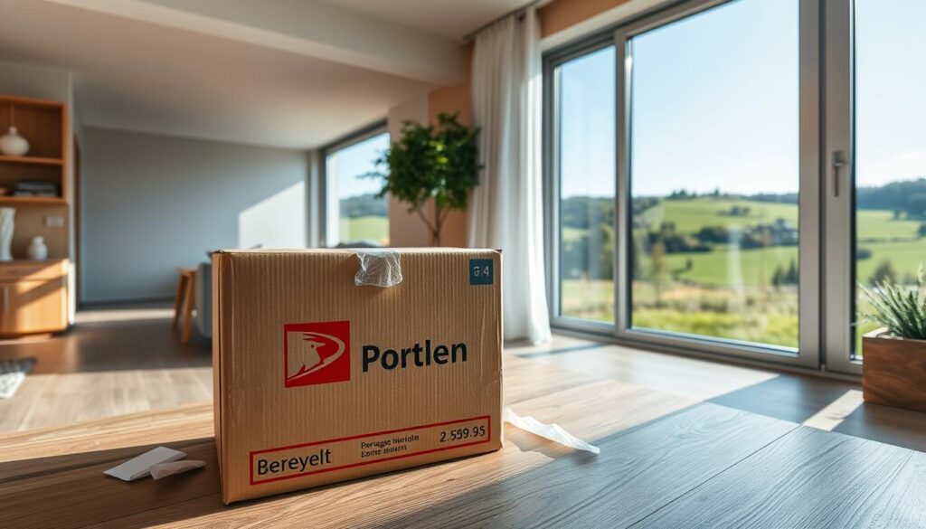 A well-lit, wide-angle photograph showcasing a timely package delivery in Germany. In the foreground, a sturdy cardboard box with the German postal service logo sits on a wooden surface, surrounded by a few stray packing materials. The middle ground features a modern, minimalist home interior with clean lines, neutral tones, and a large window overlooking a verdant, sunlit landscape. The background captures the tranquil countryside, with rolling hills, lush greenery, and a clear blue sky. The overall mood is one of efficiency, comfort, and connection between urban and rural environments.