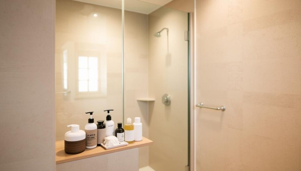 A well-organized and well-lit bathroom interior, featuring a spacious walk-in shower enclosure. The glass shower panel is sleek and modern, with a minimalist design that allows natural light to flow through. The shower floor is tiled in a neutral, earthy tone, complementing the overall aesthetic. In the foreground, a variety of bath products and accessories are neatly arranged on a wall-mounted shelf, within easy reach of the user. The lighting is soft and even, creating a calming and spa-like atmosphere. The background showcases a neutral-toned wall, with a subtle textural pattern that adds depth and interest to the scene.