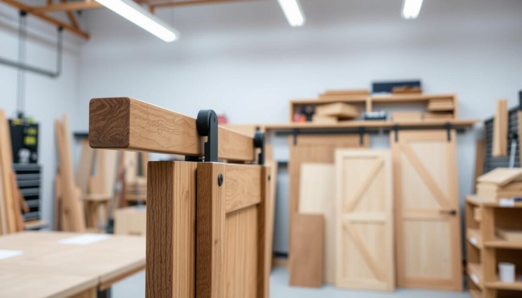 Detailed wooden sliding doors in a bright, well-lit workshop setting. In the foreground, a close-up view showcases the sturdy construction and natural wood grain, with a focus on the sliding mechanism and hardware. In the middle ground, a variety of door sizes and styles are displayed, highlighting the versatility of the product. The background features shelves and tools, creating a professional, workshop-like atmosphere. The lighting is soft and diffused, casting gentle shadows and emphasizing the texture and craftsmanship of the wooden doors. The overall mood is one of quality, precision, and attention to detail, reflecting the expertise of the company featured in the article.