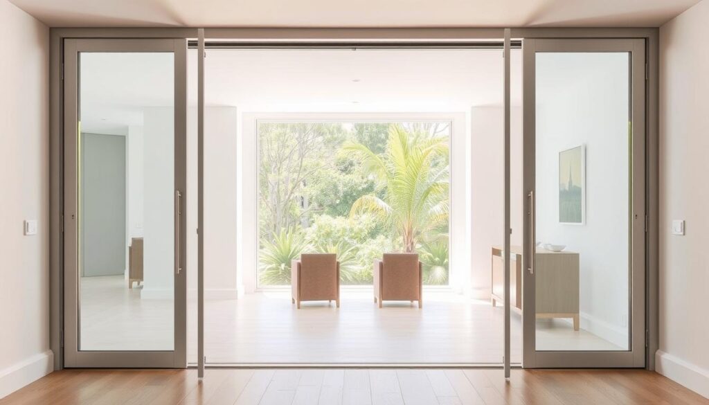Elegant, contemporary pivot doors in a minimalist, well-lit interior. Frameless glass panels gracefully swing open, allowing effortless passage between rooms. Sleek metal hardware in a polished finish accentuates the modern aesthetic. The doors are strategically positioned to frame a serene, nature-inspired view beyond, blending indoor and outdoor spaces seamlessly. Soft, diffused lighting casts a warm, inviting glow, highlighting the clean lines and sophisticated simplicity of the design. The overall atmosphere exudes a sense of refined elegance and functional harmony, perfectly suited for a variety of living spaces.