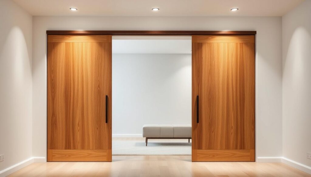 Elegant sliding doors, crafted from fine wood, stand in a well-lit, modern room. The doors glide smoothly on a sleek, concealed track system, showcasing the natural beauty of the wood grain. The lighting, cast from discreet fixtures, accentuates the warm tones and textures of the wooden panels. The doors are framed by a minimalist, neutral-toned interior, allowing the craftsmanship to take center stage. The angle showcases the door's slim profile and seamless integration into the space, highlighting the technical specifications that enable its effortless operation. An atmosphere of refined sophistication and attention to detail pervades the scene.