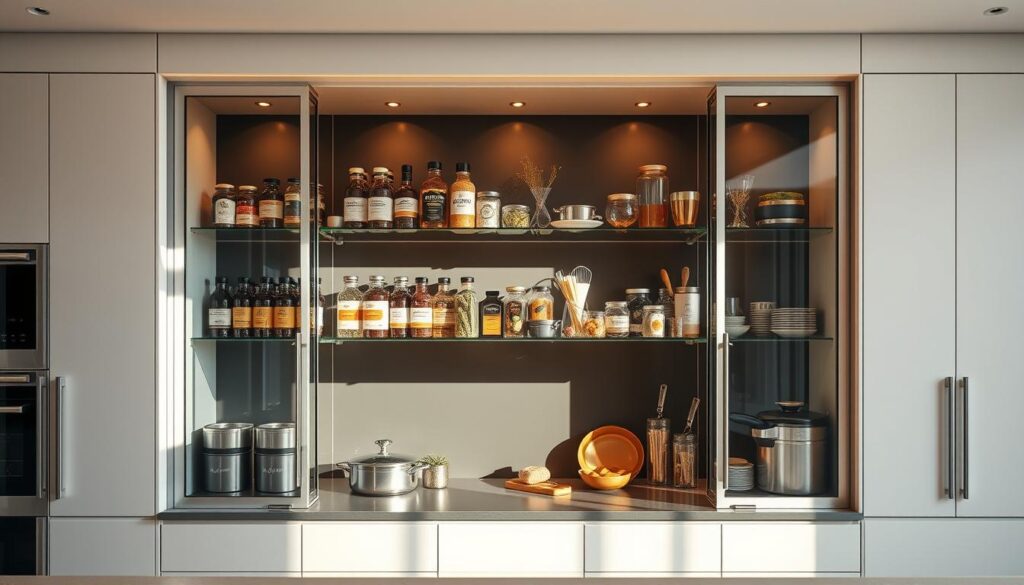 Expansive kitchen niche with glass paneling, illuminated by warm, natural lighting. Shelves displaying an array of spices, herbs, and gourmet cooking tools, creating a stylish and functional display. The niche's depth and recessed design offer ample storage and display space, seamlessly integrating with the kitchen's modern, minimalist aesthetic. Sleek glass doors provide a touch of elegance, showcasing the niche's contents while maintaining a clean, uncluttered appearance. Soft shadows and subtle reflections lend depth and dimension, elevating the niche's visual appeal. An inviting and visually striking kitchen feature that enhances both form and function.