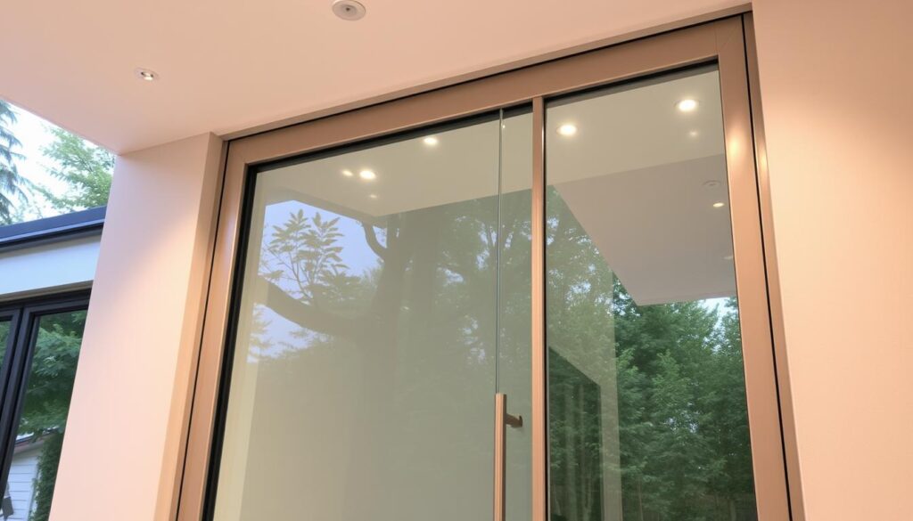 Glas-Pendeltüren mit elegantem Design, perfekt ausgewogener Beleuchtung und höchster Sicherheit. Eine moderne Edelstahlrahmenkonstruktion umschließt großzügige Glaspanele, die Licht und Durchblick in den Raum bringen. Sorgfältig platzierte Spots tauchen die Tür in ein warmes, natürliches Licht und erzeugen eine einladende Atmosphäre. Verstärkte Sicherheitsscheiben garantieren Stabilität und Schutz. Die Pendeltüren sind individuell an die Raummaße angepasst und verleihen dem Interieur einen exklusiven, hochwertig gestalteten Akzent.
