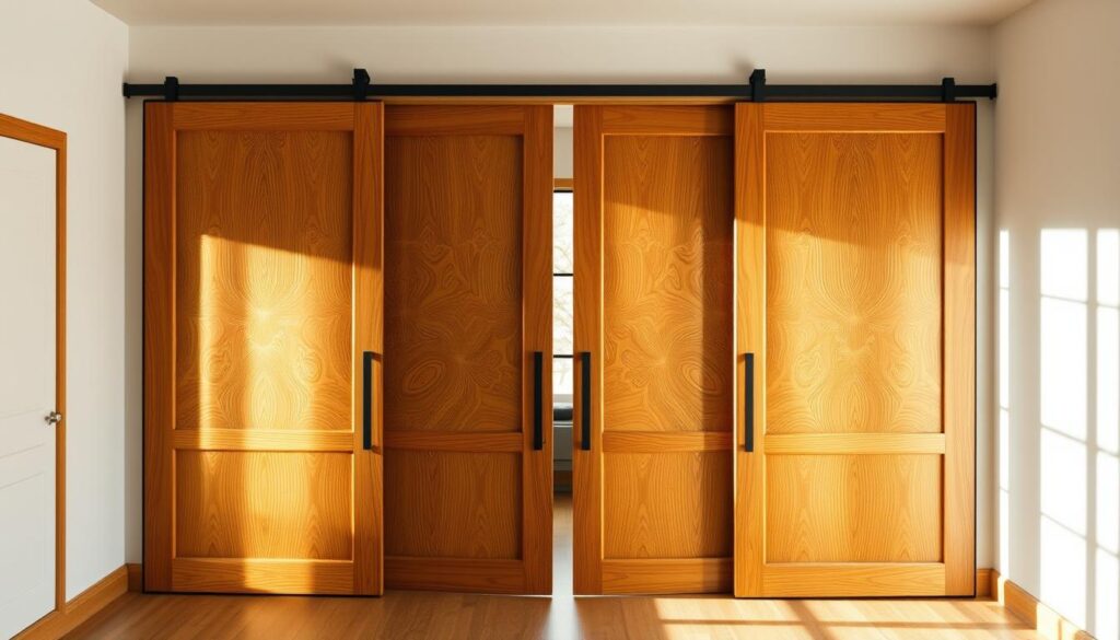 Intricate wooden sliding doors, their natural grain and warm hues evoking a sense of timeless elegance. Showcased in a well-lit, minimalist interior, the doors seamlessly blend function and aesthetics, effortlessly complementing the surrounding space. Sunlight filters through the framed panels, casting soft shadows that accentuate the wood's tactile beauty. The doors glide smoothly, their mechanical precision concealed by the organic charm of the material. This harmonious union of form and function elevates the room, creating an atmosphere of refined sophistication and understated luxury.