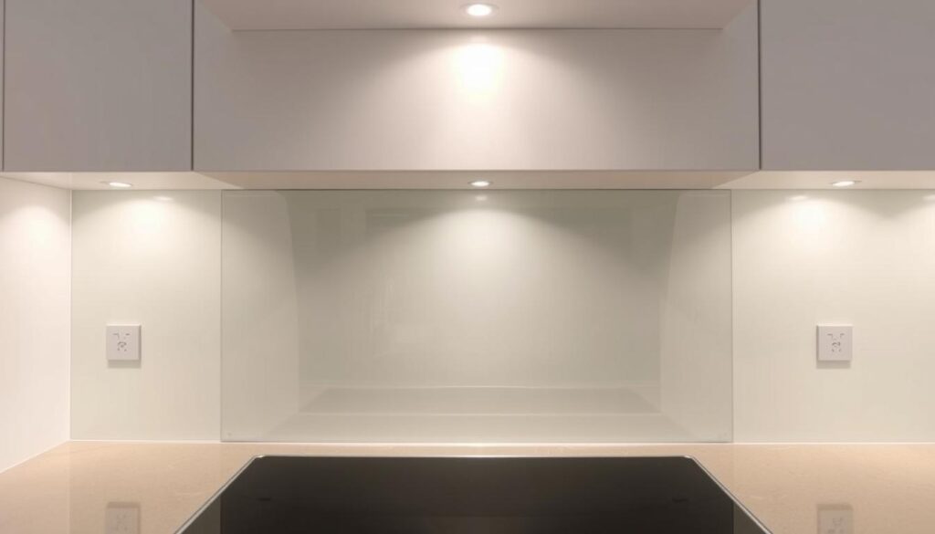 Montage of a kitchen backsplash in a modern, minimalist style. The backsplash features a sleek, seamless glass panel that reflects the surrounding kitchen elements. Soft, diffused lighting from above illuminates the surface, creating a clean, polished appearance. The camera angle captures the backsplash installation process, showcasing the ease and efficiency of the setup. The overall scene conveys a sense of simplicity, functionality, and a high-quality, professional finish that would complement the contemporary design of the kitchen.