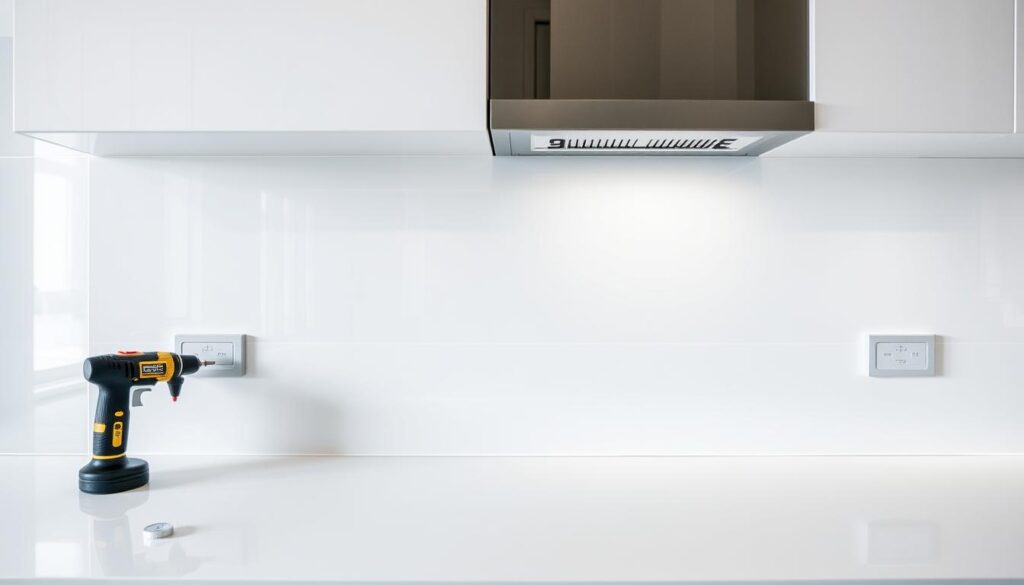 Montage of a kitchen backsplash installation, featuring a clean, modern design with a sleek, glossy surface that reflects the light. The backsplash is seamlessly integrated into the kitchen countertop, creating a cohesive and streamlined aesthetic. The scene is captured in a bright, diffused lighting setup, with a slight overhead angle to showcase the installation process. The backsplash is being carefully applied to the wall, with the installer's hands visible, demonstrating the ease of the "glue instead of drill" approach. The overall atmosphere is one of efficiency, precision, and a focus on the task at hand, reflecting the section title "Montage leicht gemacht: Kleben statt Bohren".