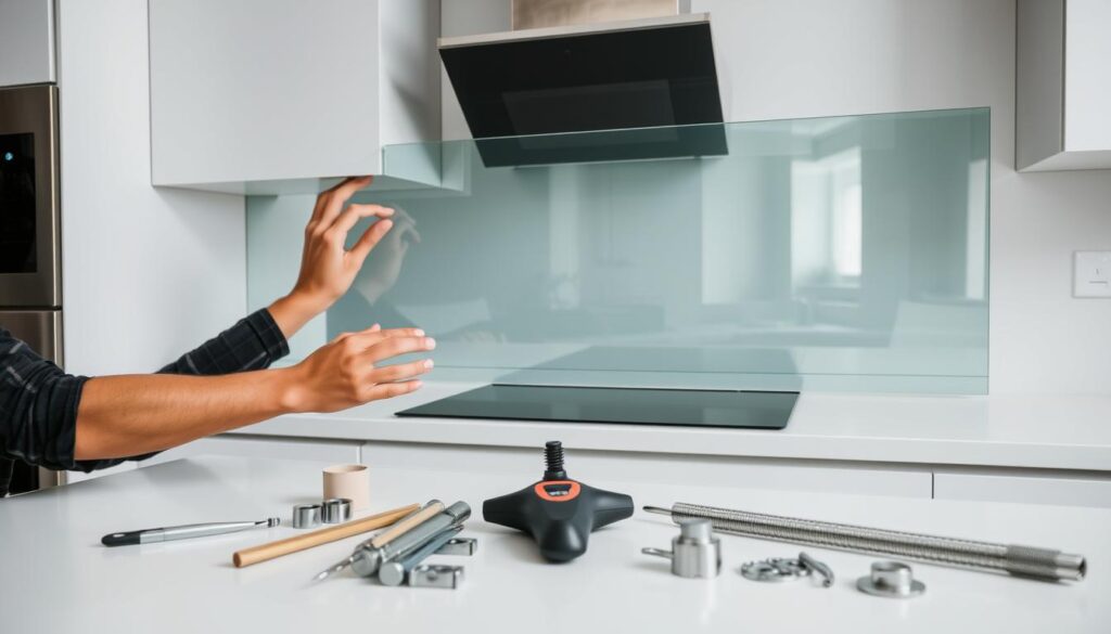 Montage of a sleek, modern kitchen glass backsplash installation. A close-up view showcases the process, with hands carefully aligning and securing the transparent glass panel in place. Soft, even lighting highlights the clean, minimalist design, with a muted color palette of whites, grays, and cool tones. The glass surface reflects the kitchen surroundings, creating a sense of seamless integration. In the foreground, various installation tools and hardware are neatly arranged, conveying a simple, straightforward assembly. The overall atmosphere is one of precision, efficiency, and the satisfaction of a job well done.