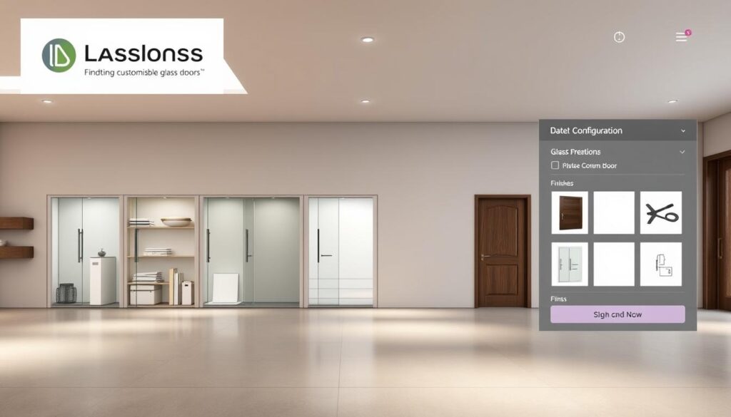 Onlineshop Konfiguration: A sleek, modern online store interface showcasing a wide range of customizable glass doors. The foreground features a central product display with various door designs, materials, and finishes. The middle ground highlights a sidebar with intuitive configuration options, allowing users to tailor the doors to their precise specifications. The background depicts a minimalist, well-lit showroom setting, conveying a sense of sophistication and attention to detail. Soft, directional lighting accentuates the glass textures, while a neutral color palette creates a calming, immersive shopping experience. The overall composition should inspire confidence in the brand's ability to deliver high-quality, made-to-measure glass door solutions.