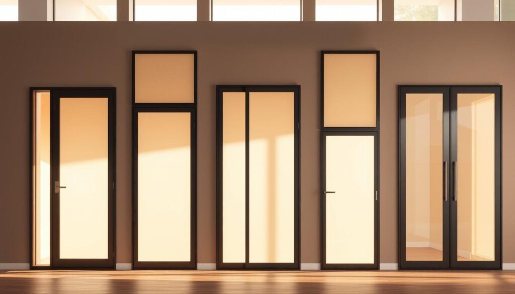 Varianten of modern glass doors, showcased in a well-lit room with warm natural lighting pouring in through large windows. Sleek, minimalist frames in a variety of styles - simple rectangular, sophisticated arched, and striking angular designs - all made from high-quality tempered glass. The doors are arranged in a visually appealing composition, allowing the viewer to appreciate the nuanced differences in their shapes, sizes, and finishes. Muted, earthy tones predominate, creating a serene, sophisticated ambiance that complements the refined elegance of the glass elements. The overall scene exudes a sense of timeless, tailored sophistication.
