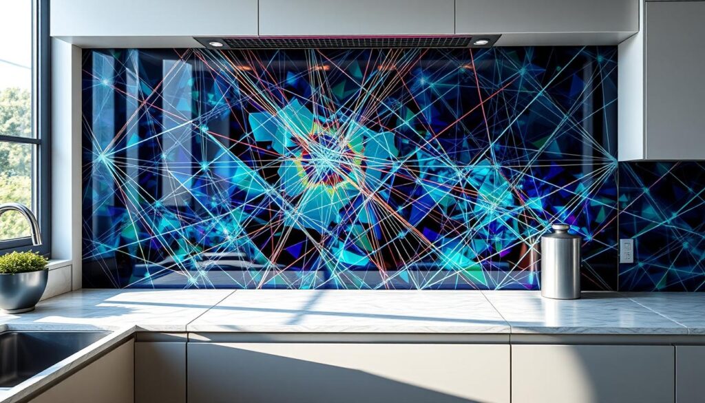 Vibrant glass panel with a captivating "farben optik" design, illuminated by natural light streaming through a kitchen window. The intricate pattern of intersecting lines and geometric shapes creates a mesmerizing optical illusion, with shifting hues of blues, greens, and purples dancing across the surface. The glass panel is seamlessly integrated into the kitchen backsplash, serving as a striking focal point that elevates the overall aesthetic. A high-resolution, photorealistic rendering captures the depth, texture, and luminosity of the material, showcasing the endless design possibilities for a customized kitchen.