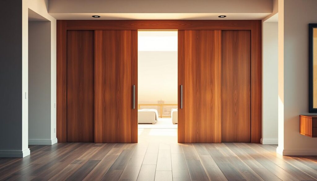 Warm, natural lighting illuminates a spacious room, showcasing a magnificent wooden sliding door. The door's smooth, satin-like finish and clean, minimalist design exude a sophisticated, elegant ambiance. Seamlessly integrated into the surrounding walls, the sliding door effortlessly glides open, revealing a cozy, serene living space beyond. Subtle wood grain textures and a neutral color palette create a calming, harmonious atmosphere, perfect for daily life. High-quality craftsmanship and attention to detail are evident, highlighting the door's functionality and aesthetic appeal. The sliding mechanism operates with quiet precision, allowing for effortless separation or unification of rooms as needed, optimizing both space and privacy. This wooden sliding door embodies the perfect blend of modern convenience and timeless, natural beauty.