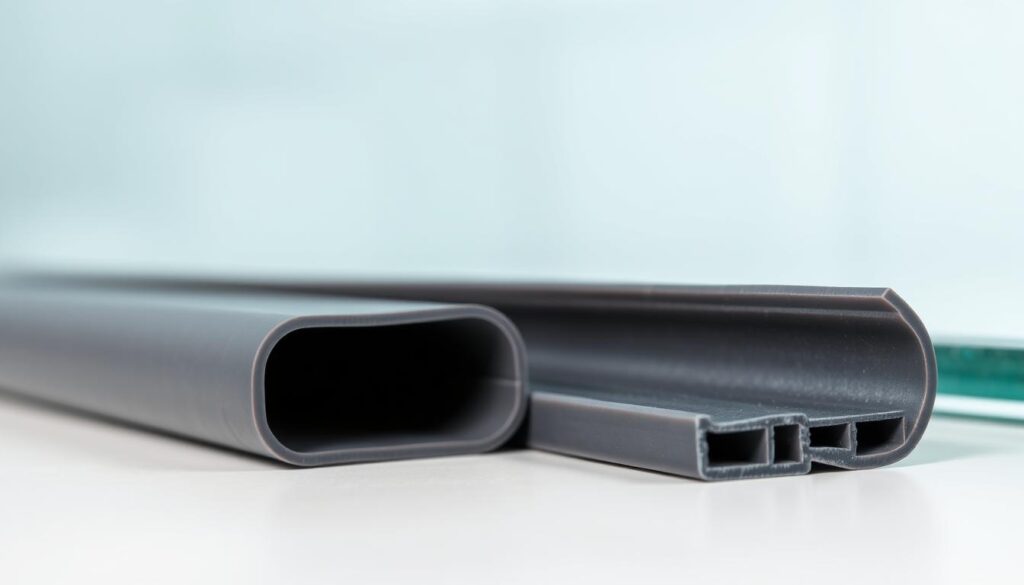 a high-quality photograph of a rubber or silicone shower door seal or gasket, showcasing its smooth and flexible design. The duschdichtung is positioned in the foreground, taking up a significant portion of the frame, with a subtle blurred background to keep the focus on the product. The lighting is soft and even, highlighting the texture and translucency of the material. The angle is slightly tilted to provide a detailed, up-close view of the duschdichtung's profile and cross-section, revealing its construction and how it would fit snugly against a glass shower door. The image conveys a sense of quality, durability, and the ability of the duschdichtung to effectively seal and protect against water leaks.