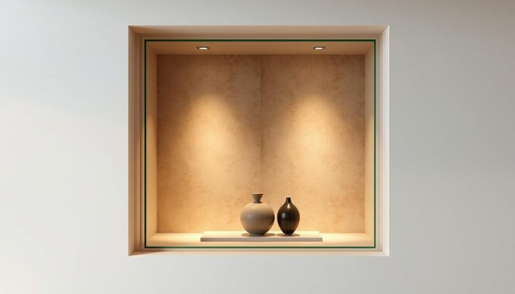 a highly detailed, photorealistic image of a glass-enclosed niche in a modern, minimalist interior. The niche is recessed into the wall, with a sleek, frameless glass front that showcases the contents. The lighting is soft and diffused, creating a warm, inviting atmosphere. The niche features elegant, tasteful decor, such as a single sculptural object or a small potted plant, set against a neutral, earthy-toned backdrop. The composition emphasizes the niche's clean lines, the clarity of the glass, and the way the contents are highlighted and elevated within the space. The overall mood is one of understated sophistication and the way glass can transform a simple niche into a captivating design feature.