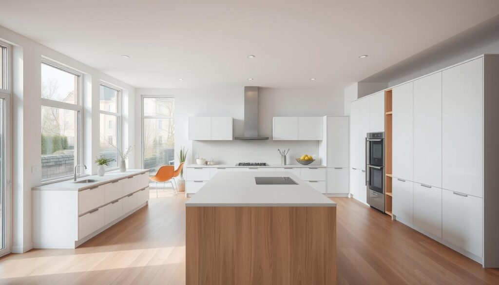 a spacious, modern kitchen interior with large windows, letting in natural light. the kitchen features a sleek, minimalist design with clean lines and a neutral color palette of whites, grays, and natural wood tones. the kitchen has a central island with a built-in cooktop and ample counter space for meal preparation. the backsplash is a simple, understated tile that complements the overall aesthetic. the kitchen is well-equipped with high-end appliances and has plenty of storage solutions, including overhead cabinets and drawers. the scene conveys a sense of openness, functionality, and a warm, inviting atmosphere, suitable for a range of kitchen sizes and styles.