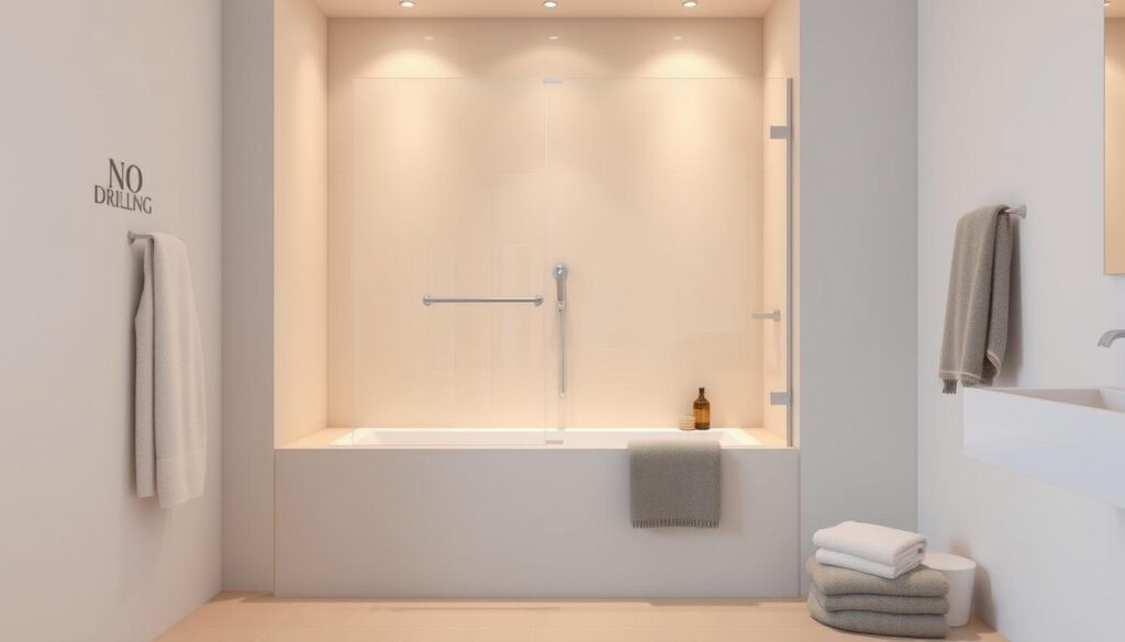 A bathroom interior with a sleek, modern glass shower enclosure against the wall of a bathtub. The enclosure is seamlessly integrated into the space, with no visible frames or hardware. The glass panels are crystal clear, reflecting the warm, ambient lighting that softly illuminates the room. The tiled floor and walls create a clean, minimalist aesthetic, while plush towels and a few subtle decor elements add a touch of luxury. The overall scene conveys a sense of effortless elegance and functionality, highlighting the "no drilling" installation process for the shower enclosure.