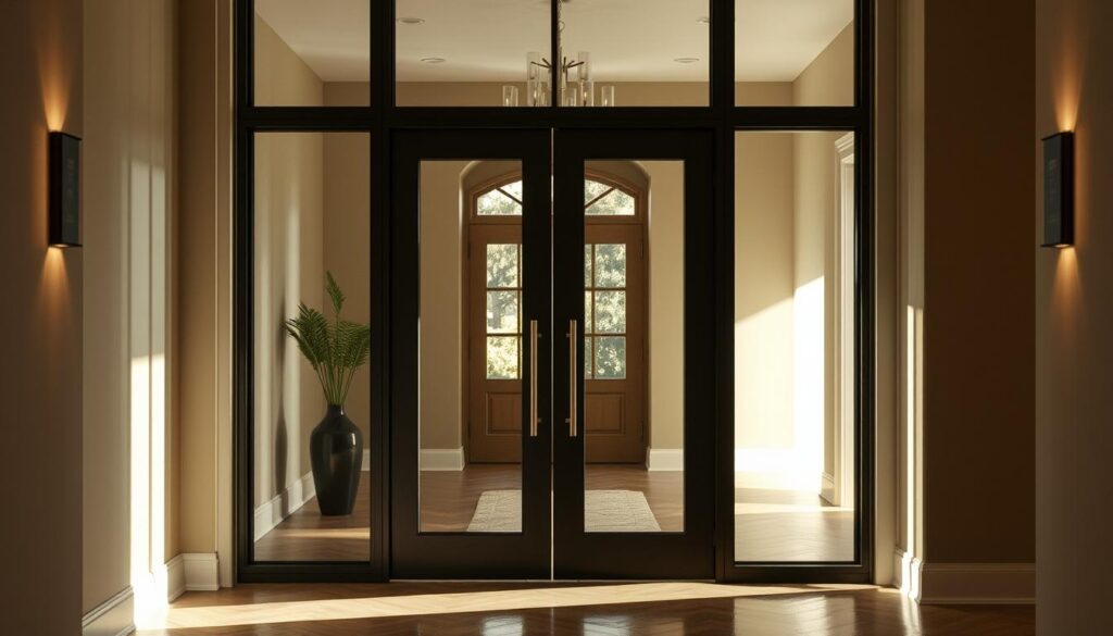 A beautifully crafted custom glass door in a warm, inviting entryway. The large panes of tempered glass, free of any visible frames or dividers, create a seamless, elegant look. Soft, diffused lighting filters in from the sides, casting a gentle glow and highlighting the clarity and purity of the glass. The door is perfectly sized to the opening, its clean lines and minimalist design complementing the architectural features of the space. A sophisticated, bespoke solution that elevates the aesthetic while maintaining an open, airy feel. The door's precise, made-to-measure fit ensures a flawless installation and maximum functionality.