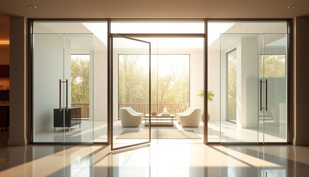 A beautifully crafted glass door ensemble, showcasing a seamless, high-quality design that effortlessly blends form and function. The sleek, frameless panels allow an abundance of natural light to flood the space, creating a warm, airy ambiance. The perfectly polished, glossy surfaces reflect the surroundings, enhancing the illusion of spaciousness and depth. Subtle, elegant metal hardware complements the transparent elegance, while precise engineering ensures a smooth, effortless operation. Bathed in soft, diffused lighting, the glass doors embody a sense of refinement and sophistication, elevating the overall aesthetic of the interior. This captivating display showcases the exceptional beauty and practical benefits of contemporary glass door solutions, perfectly aligning with the article's focus on "Mehr Licht, Raumgefühl und Eleganz für Ihr Zuhause".