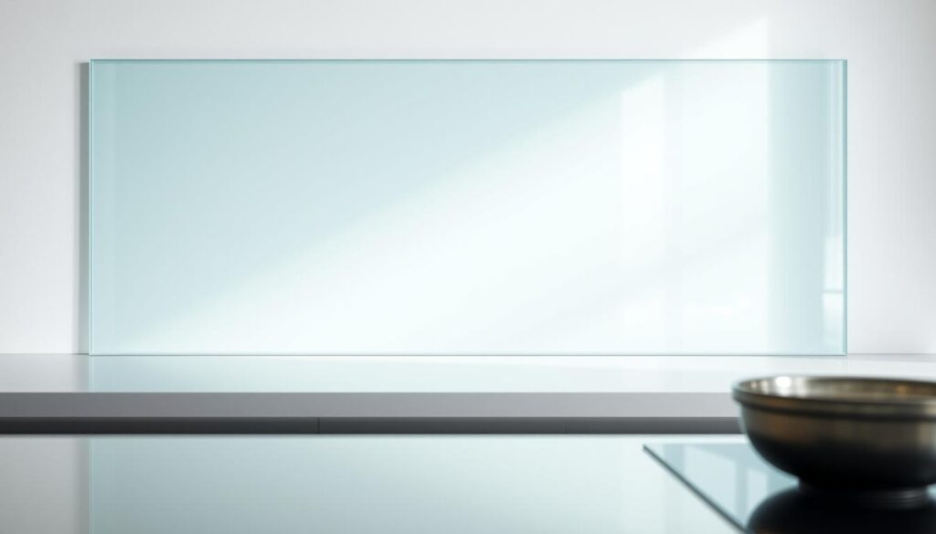 A beautifully crafted glass splashback, its pristine surface gleaming under soft, diffused lighting. The glass panel is mounted seamlessly, its edges flush with the kitchen countertop, creating a sleek, contemporary aesthetic. The background features a minimalist, light-colored wall, allowing the glass to take center stage. Subtle reflections dance across the surface, capturing the movement and energy of the kitchen. The overall composition exudes a sense of sophistication and attention to detail, perfectly suited to showcase the quality and craftsmanship of Glastuerhop24's bespoke glass solutions.