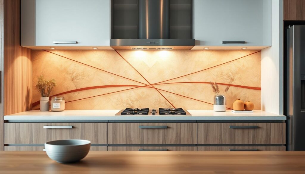 A beautifully crafted, high-resolution image of a kitchen backsplash design with an elegant, abstract motive. The design features a striking pattern of intersecting lines and geometric shapes, rendered in a warm, earthy color palette that complements the kitchen's wood tones and stainless steel accents. The lighting is soft and diffused, creating a serene, inviting atmosphere. The composition is balanced and visually compelling, capturing the essence of "Designvielfalt: Farben, Motive und individuelle Bildwahl für Ihre Küchenrückwand". The image is free of any text or distracting elements, allowing the design to be the sole focus.