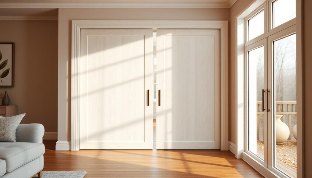 A beautifully crafted, white wooden sliding door stands in a warm, inviting room, its smooth surface reflecting the gentle glow of natural light streaming through large windows. The door's clean, minimalist design seamlessly blends with the room's contemporary decor, creating a sense of spaciousness and flow. Delicate wood grain patterns add a touch of organic elegance, while the door's effortless sliding mechanism suggests a harmonious, functional living space. Soft shadows cast by the door's edges and frame contribute to an overall atmosphere of refined simplicity, perfectly complementing the section's focus on enhancing living room ambiance with this innovative, space-saving solution.