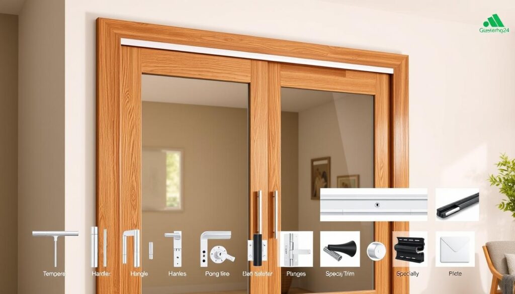 A beautifully crafted wooden sliding door in a warm, well-lit interior. The frame is made of rich, polished oak, accented with sleek metal hardware. The door itself is composed of tempered glass panels, allowing natural light to flow through. The sliding mechanism moves effortlessly, with a silent, precision-engineered glide. In the foreground, a variety of customizable accessories are displayed, including handles, hinges, and specialty trim pieces, all carefully selected to complement the door's design. The overall scene conveys a sense of modern elegance and thoughtful attention to detail, perfectly suited for the "Konfiguration, Zubehör und Service bei Glastuerhop24" section.