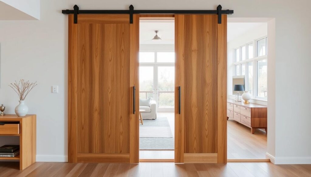 A beautifully crafted wooden sliding door, its surface textured with the natural grain of the timber. The door stands in a well-lit, spacious room, the warm light from large windows casting a soft glow on the wood. The door's sleek, minimalist design blends seamlessly with the modern, yet cozy interior, complementing the room's neutral color palette. Careful attention has been paid to the sliding mechanism, ensuring smooth, effortless operation. The door's dimensions are proportionate to the space, creating a harmonious flow between the living area and the adjoining room. This custom-made sliding door offers a versatile and space-saving solution, perfectly tailored to the homeowner's needs and aesthetic preferences.