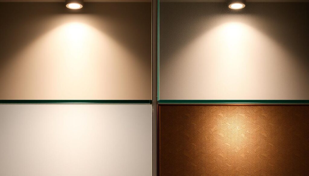 A beautifully lit, close-up image of a glass door panel, showcasing four distinct glass variants: clear, satin-finish, bronze-tinted Parsol, and a laser-etched pattern design. The glass surfaces reflect the light elegantly, creating a sense of depth and texture. The image is captured at a slight angle, allowing viewers to appreciate the subtle nuances and visual appeal of each glass type. The overall composition emphasizes the tactile qualities and visual sophistication of the glass, inviting the viewer to imagine the seamless integration of these Glasvarianten into a modern, minimalist interior design.