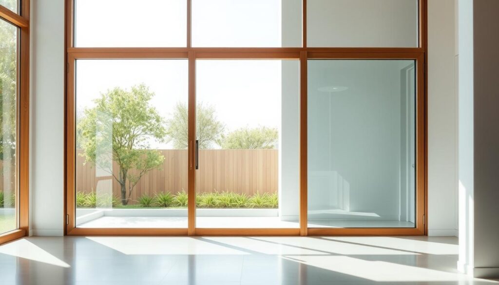 A bright, airy interior with a large, frameless glass door set in a sleek, minimalist wooden frame. The glass panels stretch from floor to ceiling, allowing natural light to flood the space and creating a seamless transition between indoors and out. The door's clean, contemporary design is accentuated by the warm tones of the wood, while the reflective surface of the glass adds a sense of depth and transparency. Soft, diffused lighting illuminates the scene, casting gentle shadows and highlighting the high-quality craftsmanship of the glass and frame. The overall atmosphere is one of modern elegance and refined simplicity, perfectly capturing the essence of "more light, more transparency" for an elevated home.