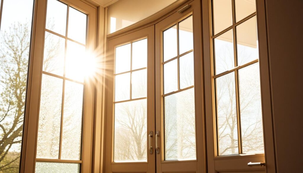 A bright, airy interior with high-quality glass inserts in the doors, allowing natural light to pour in. The glass panels are strategically placed, creating a stunning visual effect that enhances the overall design. The lighting is warm and inviting, casting a soft glow throughout the space. The angles and framing showcase the glass elements, highlighting their elegant simplicity and superior craftsmanship. The scene evokes a sense of modern, sophisticated style that perfectly aligns with the section title "Mehr Licht, mehr Design: Warum Glastuerhop24 die erste Wahl für Ihre Türen ist".