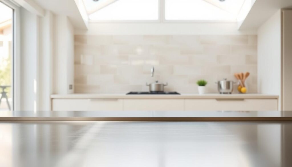 A bright, airy kitchen interior with an open, minimalist design. The focus is on a stainless steel kitchen countertop, meticulously clean and gleaming under soft, diffused lighting. The surface appears effortlessly easy to wipe down, with no visible smudges or residue. In the background, a neutral-toned tile backsplash and a large window let in natural daylight, creating a sense of airiness and simplicity. The overall impression is one of low-maintenance, hassle-free cleanliness - a kitchen that is "leicht reinigen", or easy to clean, in line with the article's theme of practical, everyday solutions for a tidy cooking space.