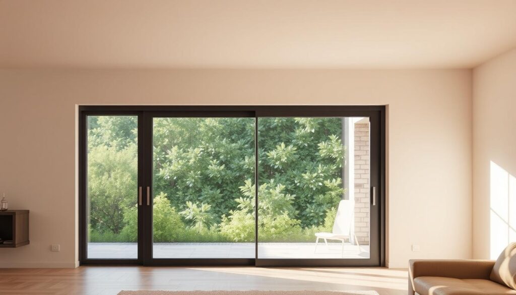 A bright, airy living room with a sliding glass door in the foreground, seamlessly blending the indoor and outdoor spaces. The door's frame is sleek and minimalist, allowing an unobstructed view of the lush greenery beyond. Soft, diffused lighting filters through the glass, creating a warm and inviting atmosphere. The sliding mechanism operates smoothly, effortlessly gliding along the wall, enabling a flexible and customizable layout that adapts to the user's needs. The overall design emphasizes a sense of openness, privacy, and enhanced natural illumination, perfectly capturing the "Vorteile im Wohnraum: offenes Konzept, Privatsphäre und mehr Licht" theme.
